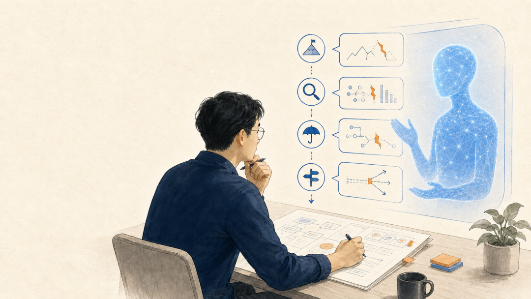 Illustration of a person and AI reviewing a plan and their thinking together