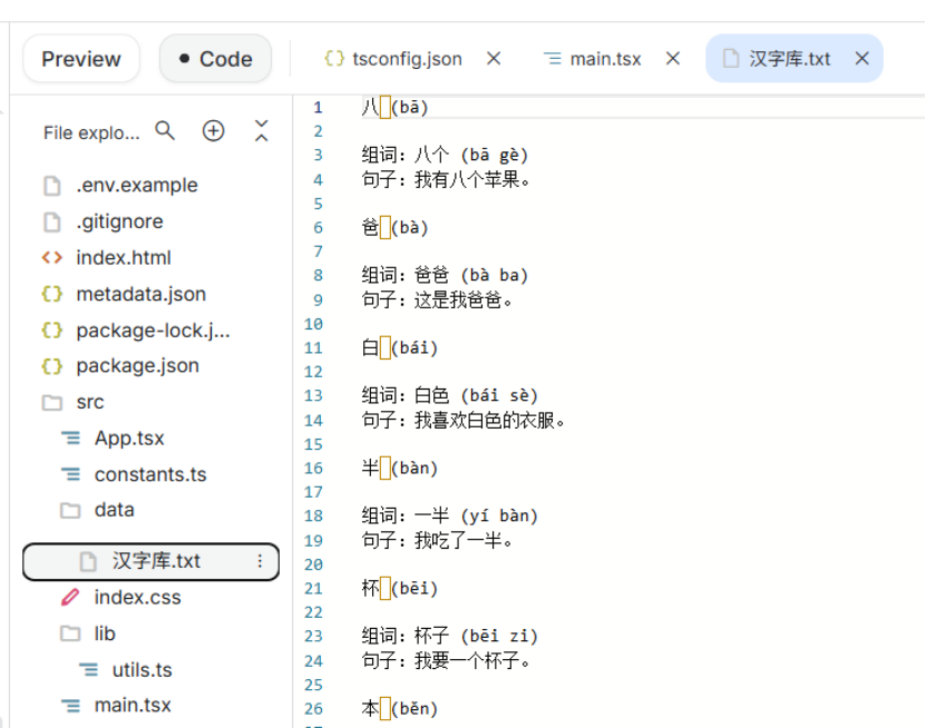 Google AI Studio project showing the Chinese-character data file