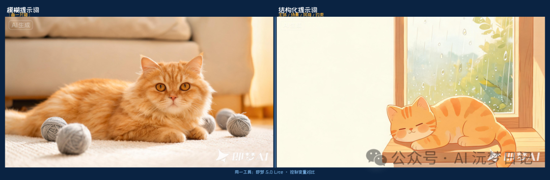 Two AI-generated orange cats: a photorealistic cat on the left and a flat illustrated cat on the right