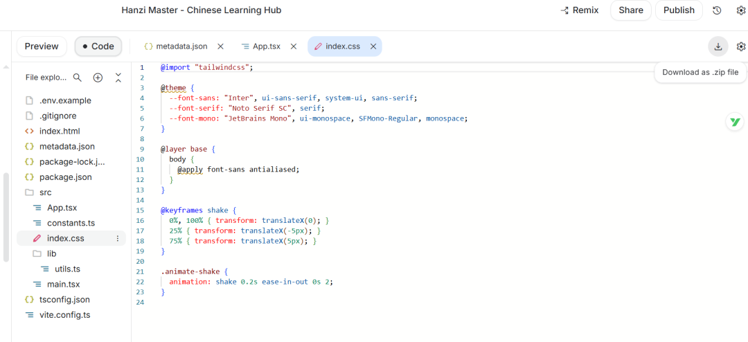 Google AI Studio code editor showing the button to download the project as a ZIP archive