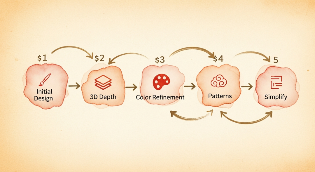 Five design iterations: initial design, depth, colors, patterns and simplification